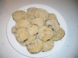 breaded eggplant ready for frying