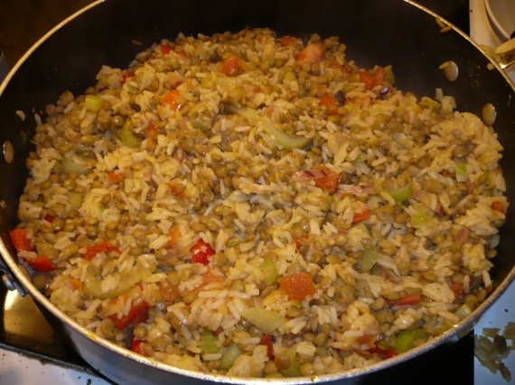 Rice and lentil pilaf in pot